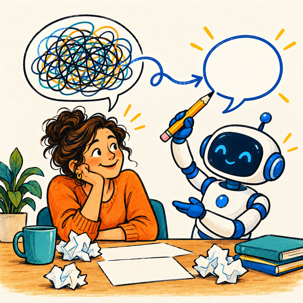 An illustrated helper prepares a message